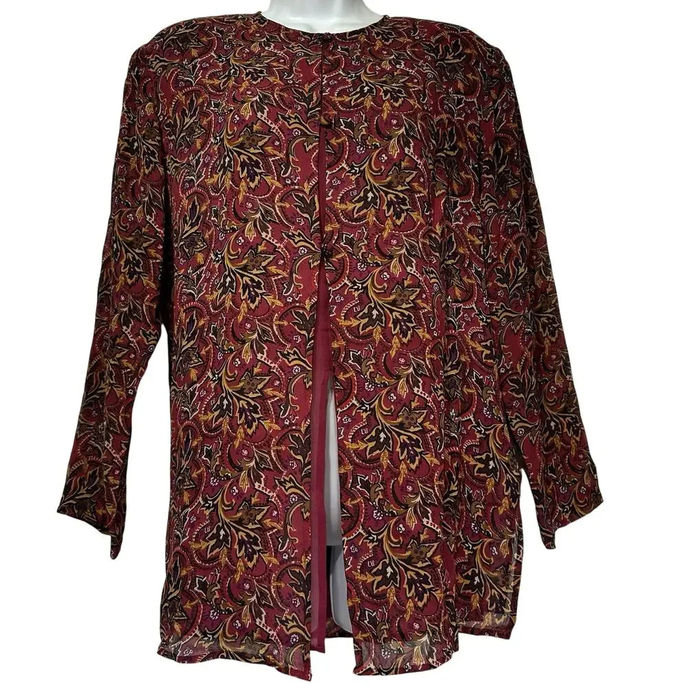 vintage silk boutique red gold floral side slit button up blouse Size S